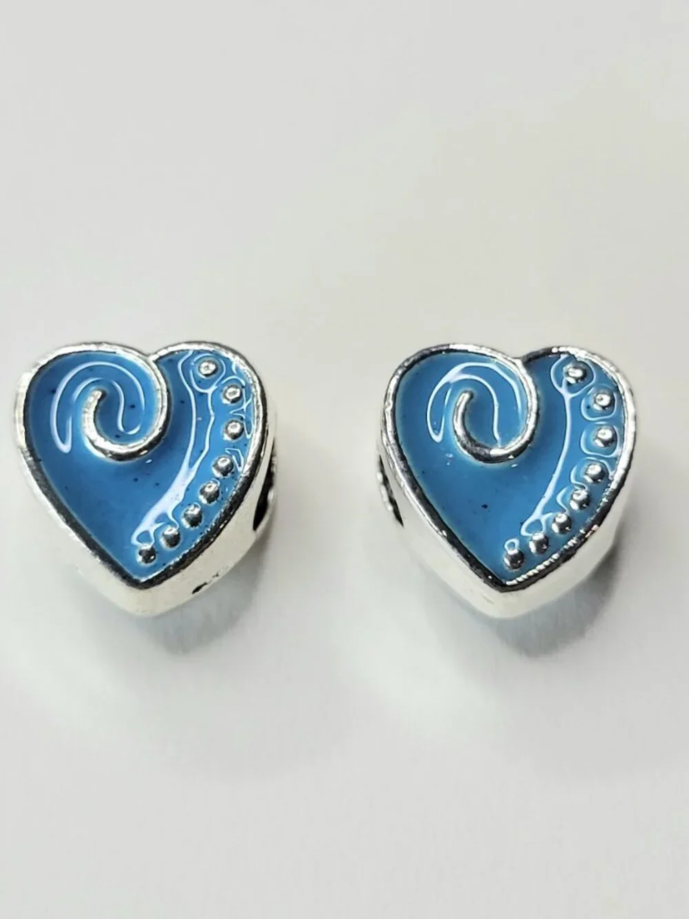 New! For Pandora Bracelets TWO Bright Blue And Silver Color Chunky Heart Charms - Picture 2 of 5